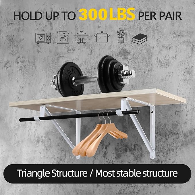 HOME MASTER HARDWARE Heavy Duty Closet Rod Brackets 2 Pack, Wall Mounted Shelf Bracket with Rod Shelving Support, 11 x 9.5 in Shelves Support Brace with Hook, White with Screws