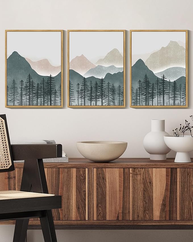 KUVIOKE Mountain Landscape Framed Wall Art Boho Nature Forest Paints Rustic Farmhouse Decor for Bedroom Dining Room Living Room 12x16in (Natural Framed)