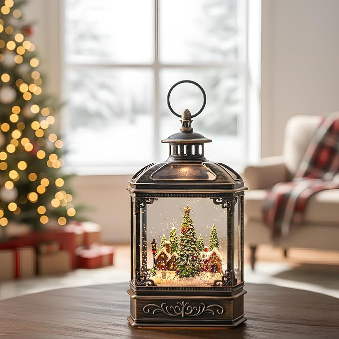 Christmas Snow Globe Lantern Water Glittering Xmas Village with Music & Timer, USB Lined/Battery Operated Lighted Lantern for Christmas Festival Decoration Gifts
