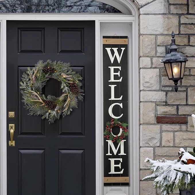 Glitzhome Welcome Sign for Front Door Porch, Farmhouse Wooden Hanging Wall Sign with 4 Interchangeable Floral Wreaths for Seasons Spring Summer Fall Harvest Thanksgiving Christmas, 60”H, Black