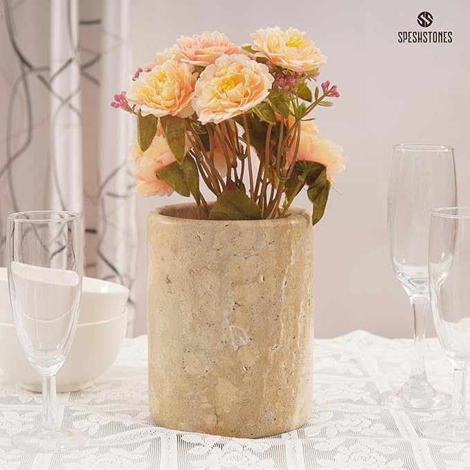 Marble Utensil Holder 6.5 Inch Stone Cooking Utensil Crock for Countertop Storage, Modern Travertine Utensils Caddy, Spoon & Spatula Organizer for Farmhouse Kitchen Decor