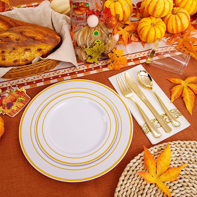 WDF-125 PCS Gold Plastic Plates - White And Gold Plastic Plates Include 25 Dinner Plate, 25 Salad Plate, 25 Forks, 25 Knives, 25 Spoons for Parties/wedding