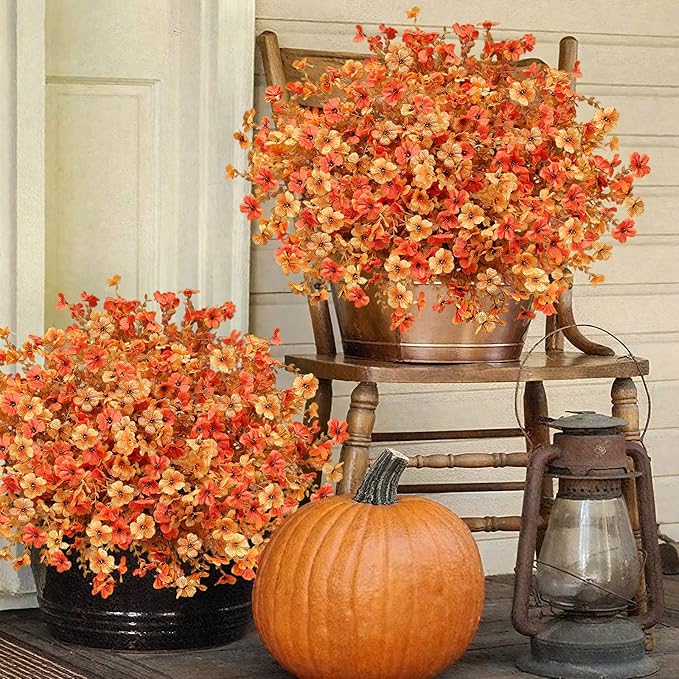 Agusbagli 72 Bundles Fake Fall Flowers for Outdoor UV Resistant Artificial Fall Boxwood Plants No Fade Faux Autumn Flowers Arrangements for Outdoor Home Planter Porch Garden Thanksgiving Fall Decor