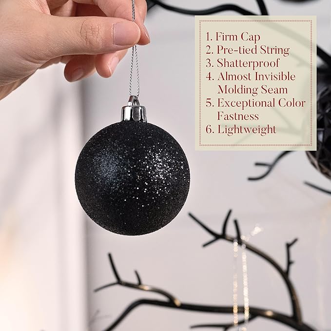 Valery Madelyn Christmas Ornaments Tree Decorations Set for Fall Halloween, 24ct Black Shatterproof Ball Ornaments, 2.36" Hanging Ornament Bulk for Xmas Holiday Party Decor