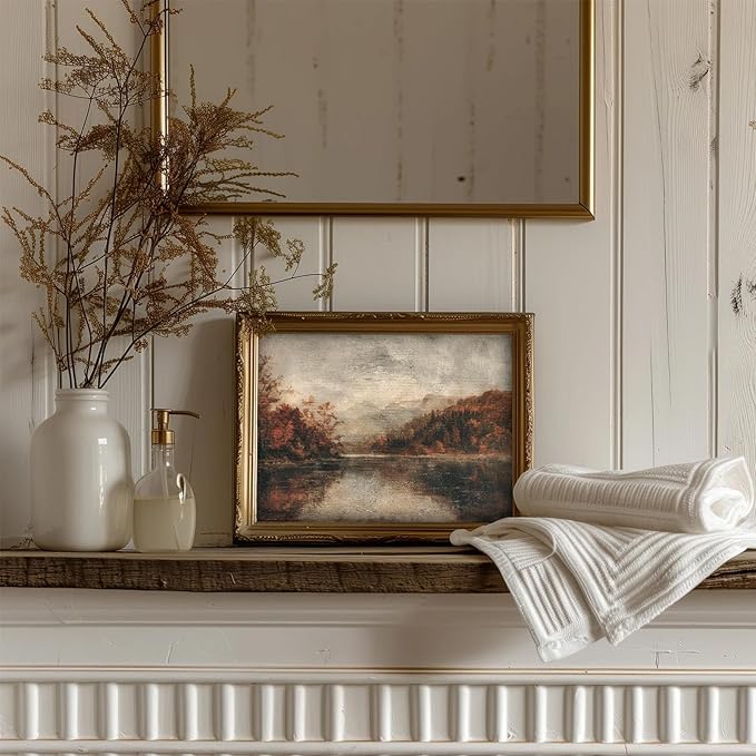Uniro Vintage Wall Art Prints for Living Room, Farmhouse Lake Landscape Wall Decor, Rustic Country Fall Wall Decor Canvas Prints Vintage Autumn Oil Painting Vintage Art Pictures for Bedroom Bathroom Decor(8" x 10"-UNFRAMED)
