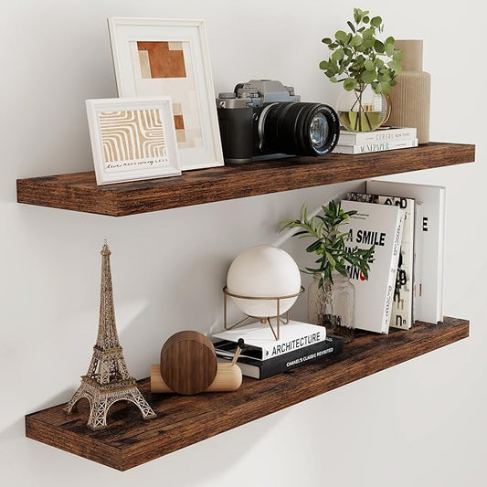 48 Inch Floating Shelves, 9.3 Inch Deep Floating Shelf for Wall, Rustic Wood Wall Shelves 48 x 9.3 x 1.5, Large Bathroom Shelf 48 Inch, Deep Shelves for Kitchen, Bedroom, Rustic Brown Color, 2 Pack