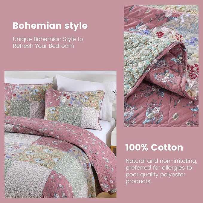 Secgo King Size Comforter Set- 100% Cotton Quilt King Size Set, Green, Sage bedspreads (96 * 108 Inch) with 2 Pillow Shams, Patchwork Reversible Lightweight Bedding