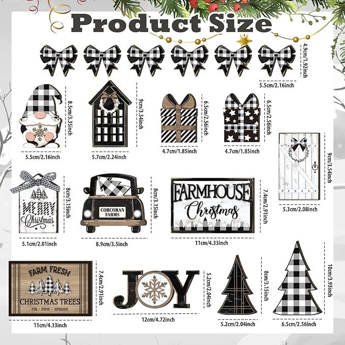 17 Pcs Christmas Tiered Tray Decor Set Winter Tiered Tray Decorations Farmhouse Tabletop Centerpiece Christmas Wooden 3D Sign for Xmas Home Buffalo Plaid Rustic Table Decoration(Gnome)