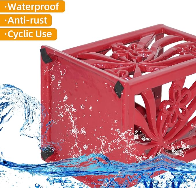 Kitchen Utensil Holder for Countertop Vintage Cast Iron Metal Utensil Storage Spatula Holder for Kitchen Counter with Hollowed-out Daffodil Pattern, Red