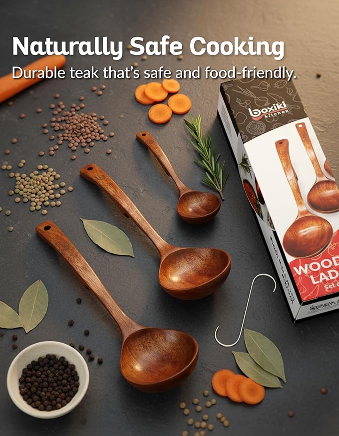 Soup Spoons - Luxury Teak Wood Ladle Set of 3 – Chef-Grade, Eco-Friendly Wooden Cooking Utensils with Reinforced Neck Joint & Anti-Slip Notch Handle – Multi-Size, Gift-Ready Ladle Spoons Set