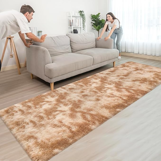 Super Soft Fluffy Living Room Area Rugs 3x10 ft Tie-Dyed Beige Shaggy Furry Carpet Washable Non-Slip Floor Rug Bedroom Bedside Nursery Rug Fuzzy Girls Boy Reduce Noise Dorm Home Decor