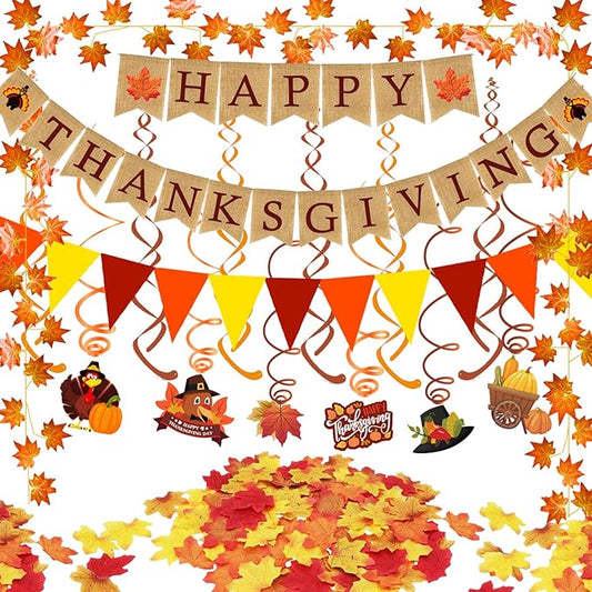 Happy Thanksgiving Burlap Banner Paper Triangular Bunting Maple Leaf Pumpkin Turkey Garland for Thanksgiving Day Welcome Autumn harvest Party Decorations