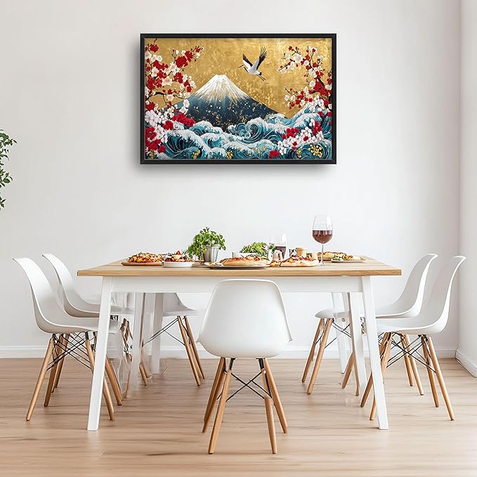 Japanese Large Wall Art for Living Room, Fuji Mountain Oversized Wall Decor Pictures, Ocean Wave Framed Canvas Print Painting, Vintage Artwork for Bedroom Office Home Decor 36"x24"