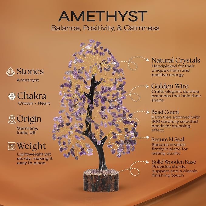 Amethyst Crystal Tree of Life with 2 Chakra Pendants, Gemstone Tree for Positive Energy, Birthday Gift for Women, Office Decor, Crystals and Healing Stones 10-12"