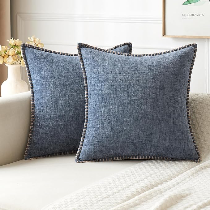 MIULEE Pack of 2 Couch Throw Pillow Covers 24x24 Inch Dark Grey Blue Farmhouse Decorative Pillow Covers with Stitched Edge Soft Chenille Solid Dyed Spring Pillow Covers for Sofa Bed Living Room
