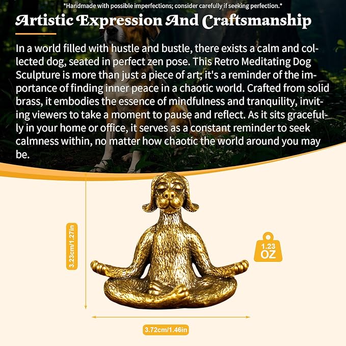CHOVY Retro Meditating Dog Sculpture-Seated in Zen Pose Handcrafted 100% Solid Brass-Unique Home Decor Desk Ornament Collectible Art Piece Office Desk Accessory Scene Accent Artistic Decoration