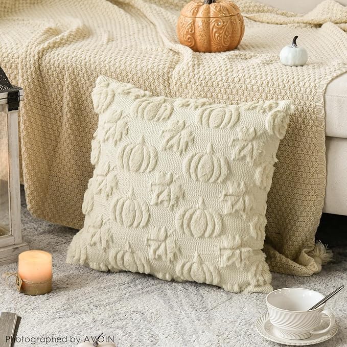 AVOIN colorlife Fall Pumpkin Maple Leaves Beige Throw Pillow Covers, 20 x 20 Inch Seasonal Autumn Thanksgiving Harvest Soft Plush Faux Fur Jacquard Cushion Case Decoration for Sofa Couch Set of 2