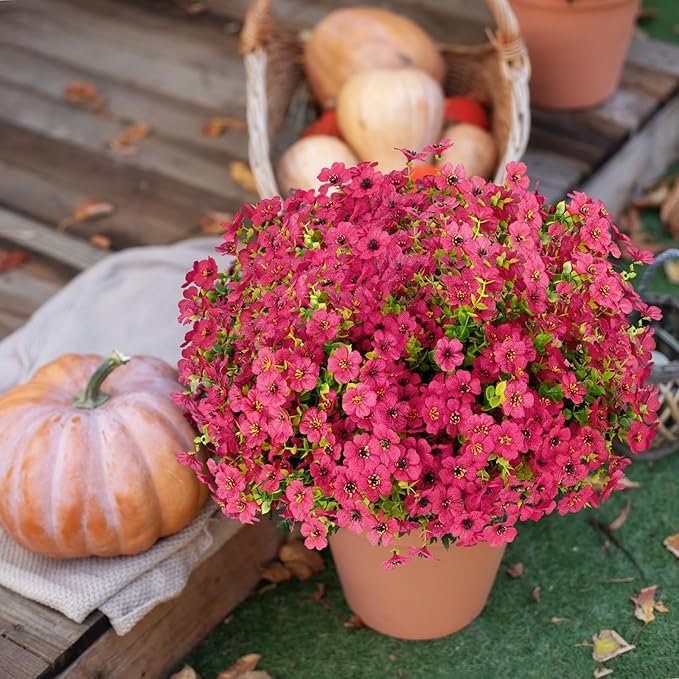 24 Bundles Artificial Flowers for Outdoors Decorations, Fake Flowers Artificial Plants Outdoor, Colorful Daisy Eucalyptus Realistic UV Resistant for Garden Patio Porch Home Decor, Rose Red