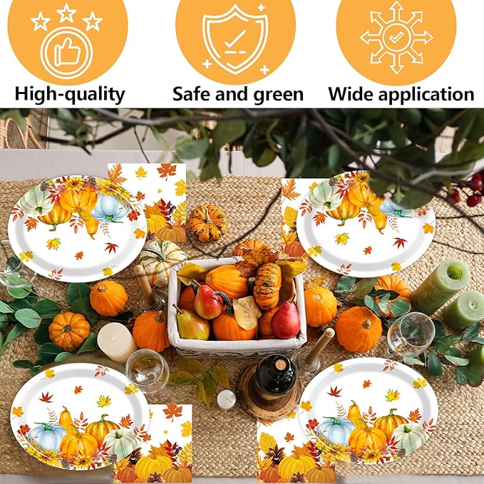 Fall Thanksgiving Party Oval Paper Plates 11inch Large Watercolor Maple Leaves Plates and Napkins, Pumpkin Party Decoration Favor Dish Tray for Autumn Holiday Gathering Supplies Tableware, 25 Guest