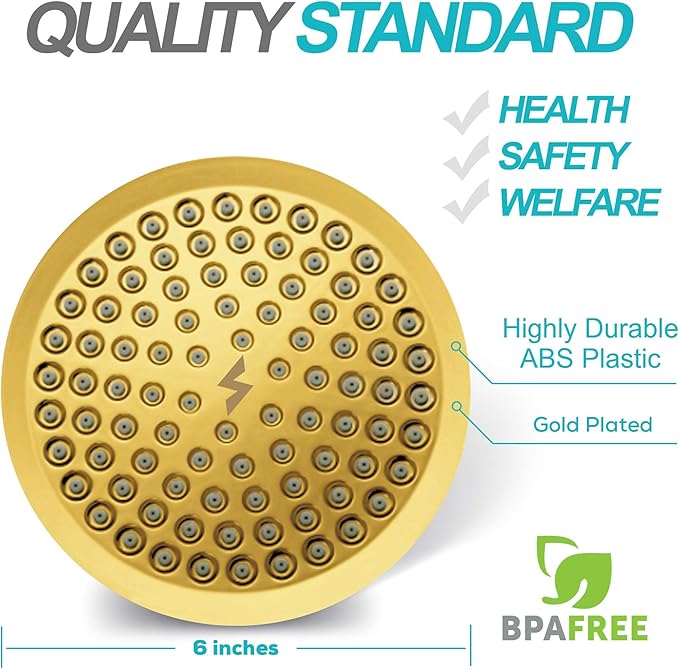 SparkPod Shower Head - High Pressure Rain - Premium Quality Luxury Design - 1-Min Install - Easy Clean Adjustable Replacement for Your Bathroom Shower Heads (Egyptian Gold, 6 Inch Round)