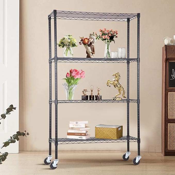BestOffice | 4-Tier Wire Storage Shelves with Wheels | 36x14x62 | Black | Adjustable Racks | Heavy-Duty Metal Shelf, Holds Upto 500 lbs | No-Tool Assembly | Ideal for Home & Garage Shelving