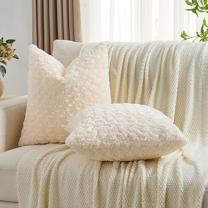 FUTEI Cream White Decorative Throw Pillow Covers 24x24 Inch Set of 2,Soft Solid Rose Textured European Cushion Case,Modern Home Decor for Couch Sofa Bed Living Room