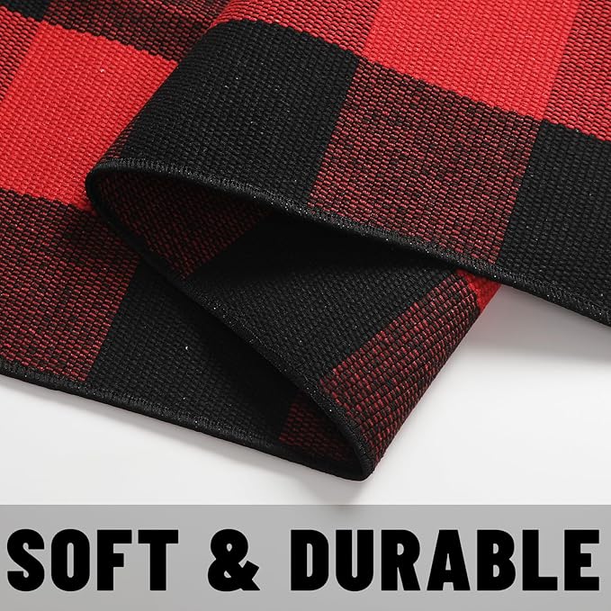 SEEKSEE Cotton Buffalo Plaid Rug 4'x6' Black and Red Checked Rug Washable Doormats Indoor Outdoor Rugs for Layered Front Door Mats, Porch, Kitchen, Farmhouse, Entryway