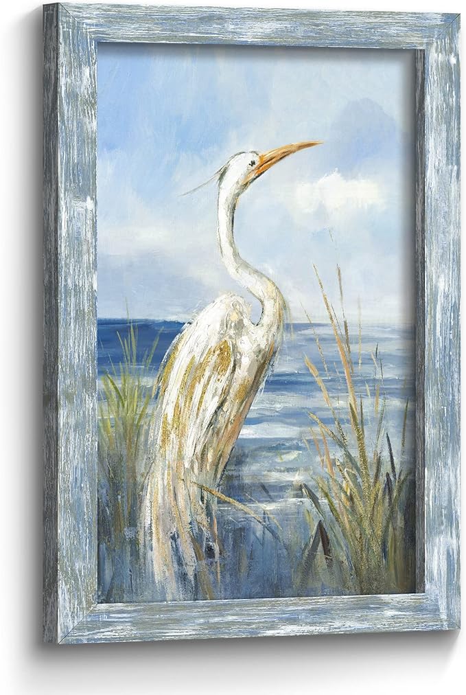 Framed Sea Bird Wall Art: Wooden Blue Coastal Ocean Scene Picture Heron on Beach Painting Artwork Modern Bedroom Bathroom Living Room Wall Decoration Home Office Decor 24”x16”