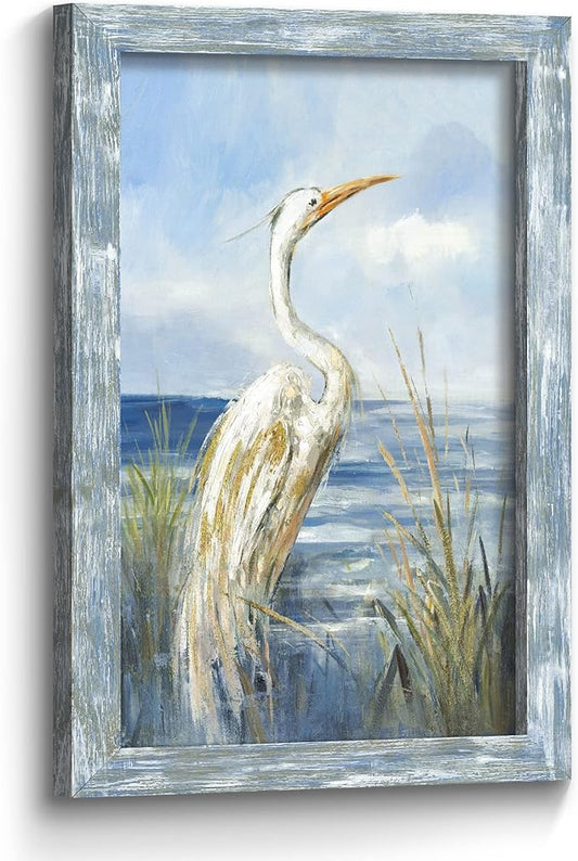 Framed Sea Bird Wall Art: Wooden Blue Coastal Ocean Scene Picture Heron on Beach Painting Artwork Modern Bedroom Bathroom Living Room Wall Decoration Home Office Decor 24”x16”