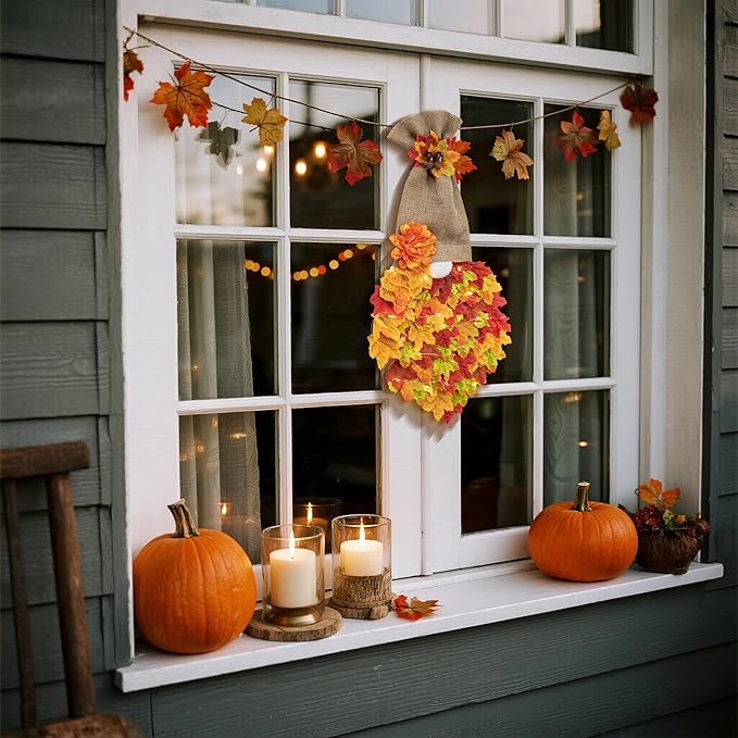 Fall Garland Gnome Door Hanging Wreaths with Maple Leaves LED String Lights, Artificial Maple Leaves Wreath for Autumn Harvest Thanksgiving Decoration Home Indoor Outdoor B