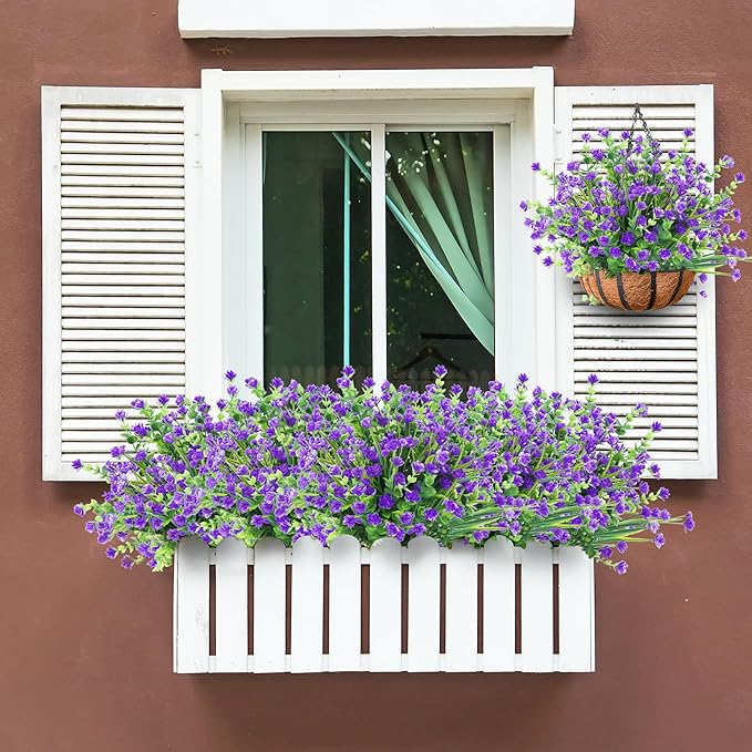 Sggvecsy Artificial Flowers for Outdoors 24 Bundles UV Resistant Boxwood Shrubs Artificial Eucalyptus Fake Plants Faux Plastic Greenery for Farmhouse Garden Home Indoor Outdoor Decoration（Purple）