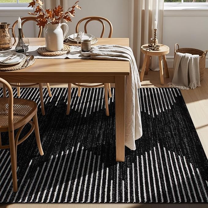 Rugshop Bohemian Stripe Stain Resistant High Traffic Living Room Kitchen Bedroom Dining Home Office Area Rug 6'6" x 9' Black