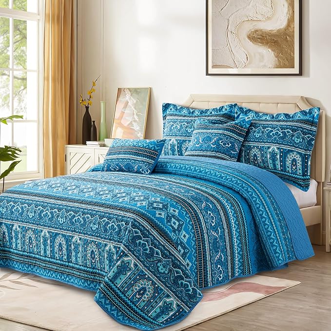 VAPUTAR Cotton Quilt Queen Size Bedding Set - 3 Pieces Queen Quilt Bedding Set, Boho Queen Size Quilts, Lightweight Reversible Coverlets Bedspreads for Farmhouse Bedroom (Blue)
