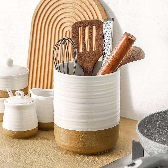 Hasense Large Utensil Holder, 7.4" Cooking Utensil Crock for Kitchen Counter, Ceramic Utensil Organizer Caddy for Kitchen Utensil Set, Vintage Decor for Christmas Gifts, White