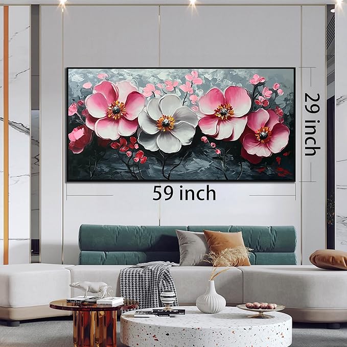 Pink and White Flower Wall Paintings for Bedroom - Bedroom Wall Decor for Teen Girls - Large Modern Hand Painted Framed Wall Art Size 29" x 59"