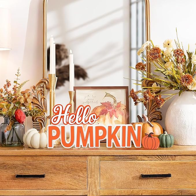 Fall Hello Pumpkin Wooden Sign Thanksgiving Tiered Tray Decorations Fall Decorations for Home Autumn Sign with Hello Pumpkin Lettered Centerpieces for Harvest Halloween