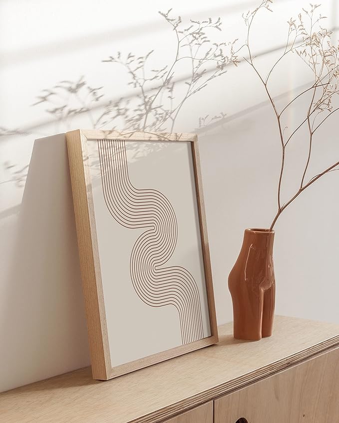 HAUS AND HUES Line Art Mid Century Modern Wall Decor - Boho Prints Wall Art Abstract Geometric Wall Decor Line Art Prints Modern Boho Art Snaking River from Top Left (Beige Framed, 12x16)