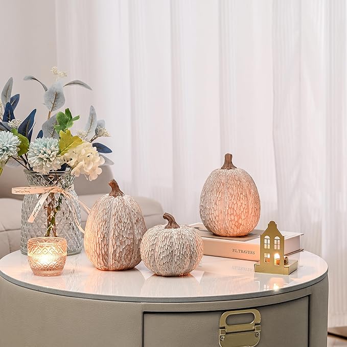 Artificial Pumpkin Decor, Brown and White Decorative Pumpkins, Thanksgiving Resin Pumpkins Figurine Set of 2, Carved Pumpkin Statues for Rustic Fall Tabletop Home Decor, Harvest, Wedding