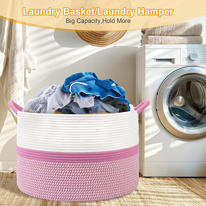 Pink Laundry Basket,20''x13''Woven Cotton Rope Laundry Hamper,Large Blanket Basket for Living Room,Baby Baskets,Kids Toy Storage Basket for Organizing,Woven basket,Clothes Hamper,Room Decor