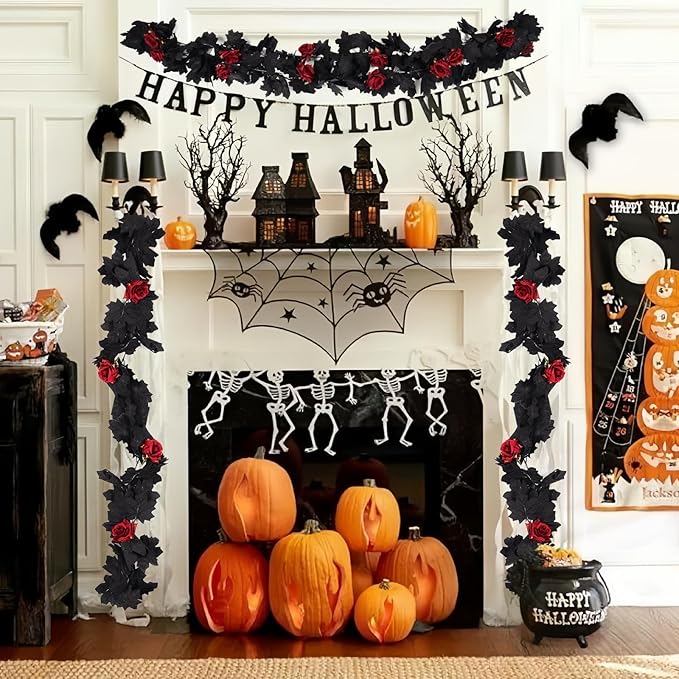 Artificial Black Garland Hanging Vine Artificial Floral Vines Fall Garland Hanging Flower Fake Rose Vines for Black and Burgundy Wedding Decor Halloween Indoor Outdoor Party Wall (Red Rose)