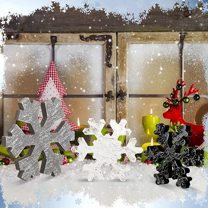 Bucherry 3 Pcs Winter Wooden Snowflake Decor Rustic Winter Snowflake Table Signs Wonderland Wood Blocks Farmhouse Christmas Tiered Tray Decorations for Xmas Table Shelf(Gray, White, Black)