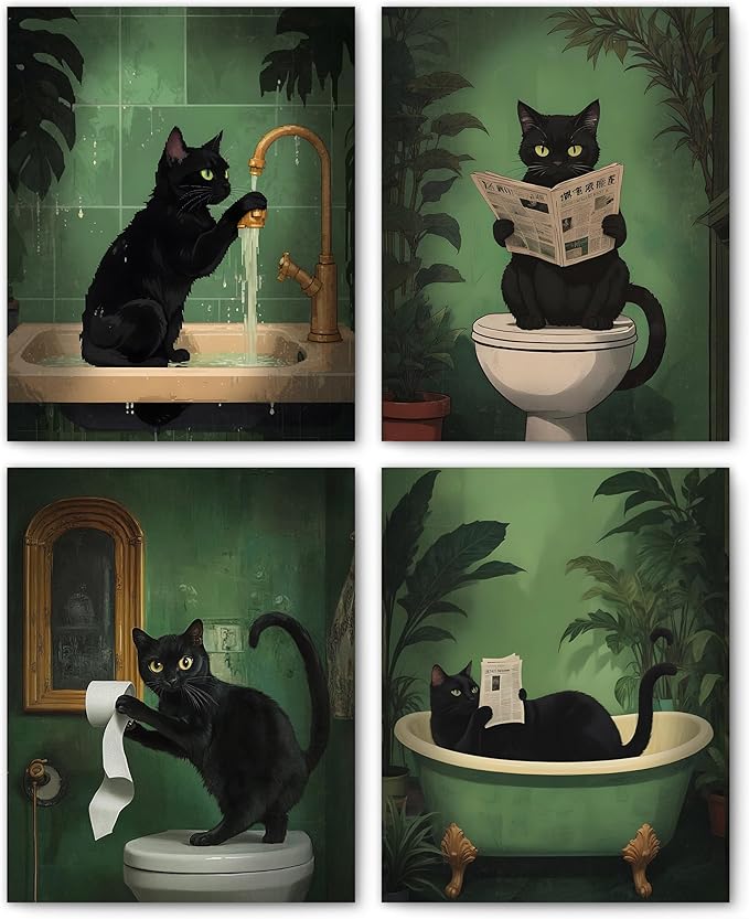 FITIE Funny Black Cat Bathroom Wall Art Prints Set of 4, Funny Black Cat Reading on Toilet Bathtub Wall Art Posters for Bathroom Washroom Restroom Decor, 8x10 Unframed