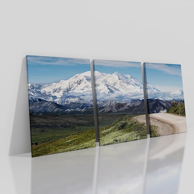 3 Pieces Landscape Poster Wall Art Winter Snow Mountains Wilderness Picture Print Snowscape Theme Painting Wall Decor Artwork for Modern Home Living Room Hotel Decoration Ready to Hang [60''Wx28''H]