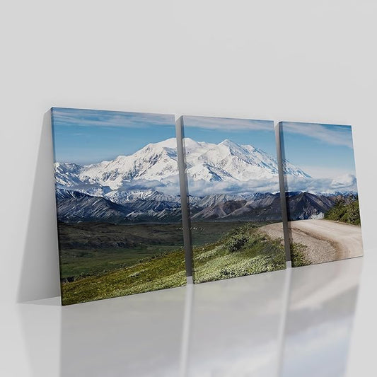 3 Pieces Landscape Poster Wall Art Winter Snow Mountains Wilderness Picture Print Snowscape Theme Painting Wall Decor Artwork for Modern Home Living Room Hotel Decoration Ready to Hang [60''Wx28''H]