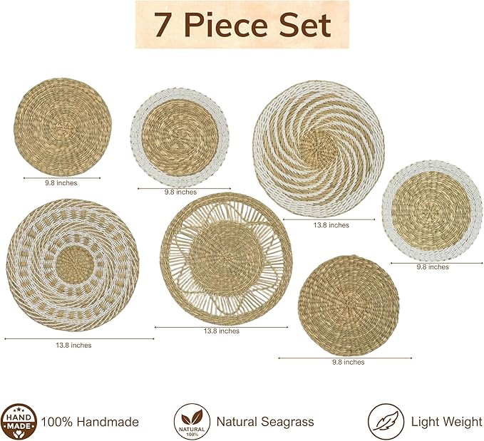 Wicker Wall Decor Set – Boho Basket Wall Art, Natural Woven Wall Art for Living Room Bedroom, Seagrass Decorative Plates For Wall Hanging, Flat and Lightweight