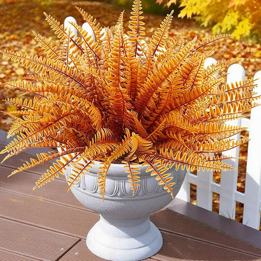 Uieke 12PCS Artificial Ferns for Outdoors, Fake Fall Boston Fern Plants UV Resistant No Fade Faux Plastic Greenery Bushes for Indoor Outside Window Box Fall Décor Autumn Orange