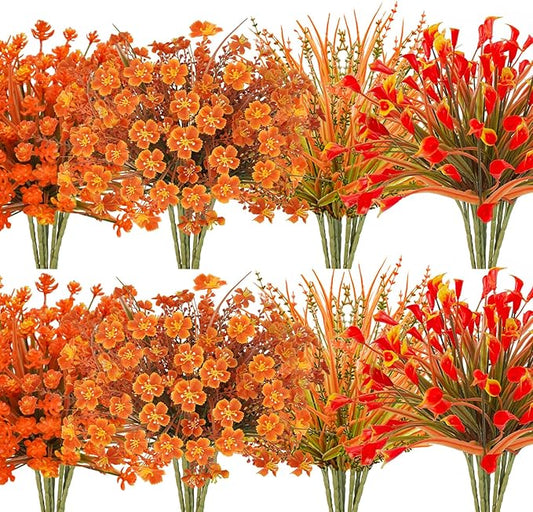 16Pcs Outdoor Fall Flowers UV Resistant Artificial Fall Flowers Autumn Plastic Flowers Plants Fall Greenery Shrubs for Outside Garden Front Porch Patio Thanksgiving Decor