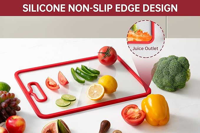 Glass Cutting Board for Kitchen, 2Pcs Tempered Glass Chopping Board with Non-Slip Edges, Dishwasher Safe Clear Cutting Board Set for Countertop, Heat & Shatter Resistant, (Red) 15"×11"