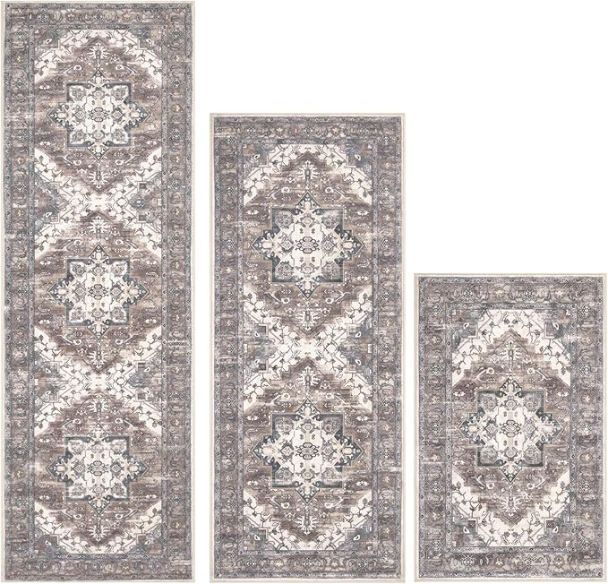 Pauwer Kitchen Mats for Floor 3 Piece Set Boho Non Slip Kitchen Rugs Washable Farmhouse Kitchen Floor Mats Thick Long Kitchen Throw Area Rug Carpet Runner for Hallway Laundry Bathroom, Grey Brown