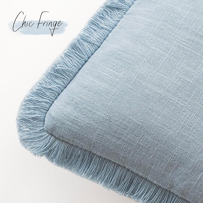 Foindtower Set of 2 Decorative Linen Fringe Lumbar Throw Pillow Covers Boho Farmhouse Cushion Cover with Tassels Soft Accent Pillowcase for Couch Sofa Bed Living Room Home Decor,12×20 Inch,Sky Blue